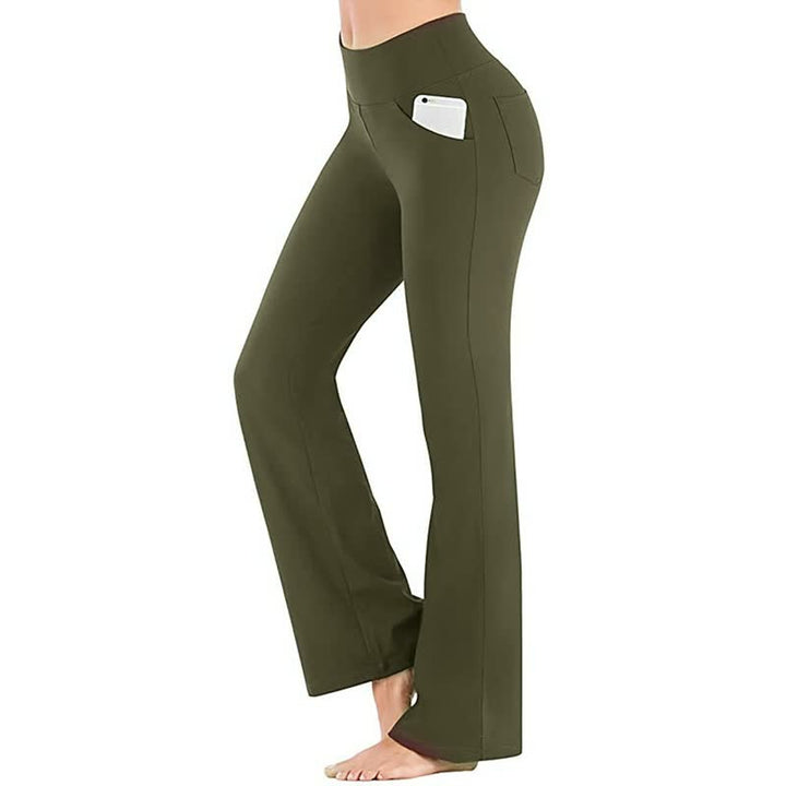 Damen Yogahose olivgrün, hoher Bund, mit Tasche, bequem, elastisch, ideal für Fitness und Freizeit.