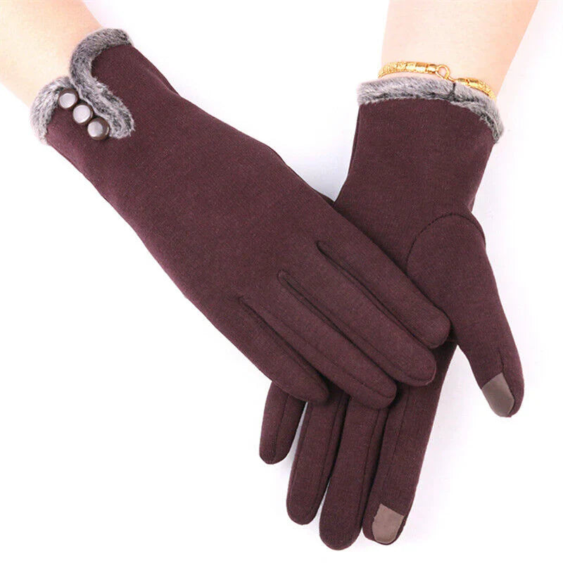 Damenhandschuhe braun, Touchscreen-fähig, mit Kunstfellbesatz und Knöpfen, elegant, warm.