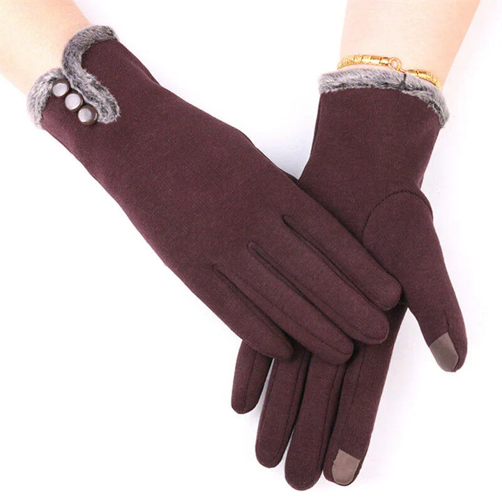 Damenhandschuhe braun, Touchscreen-fähig, mit Kunstfellbesatz und Knöpfen, elegant, warm.