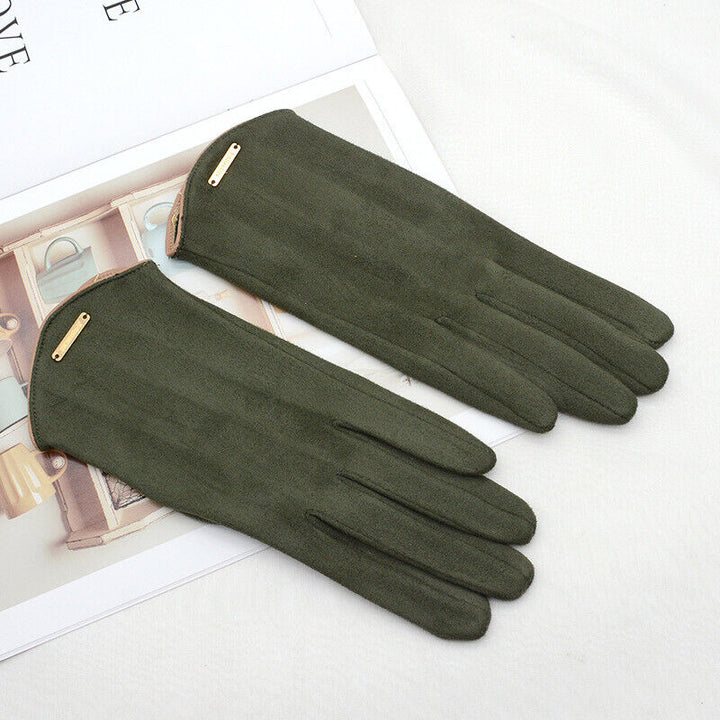 Olivgrüne Damenhandschuhe aus Wildleder, elegant, modisch, Herbst-Winter-Accessoire.
