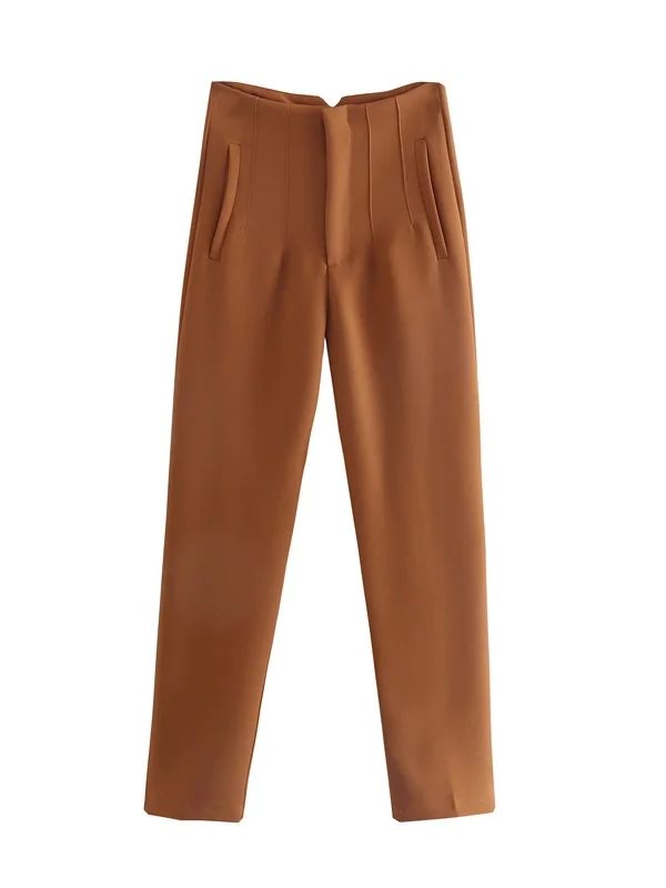 Braune Damenhose, elegant, gerade geschnitten, mit Taschen, aus Baumwolle, modisch, bequem.