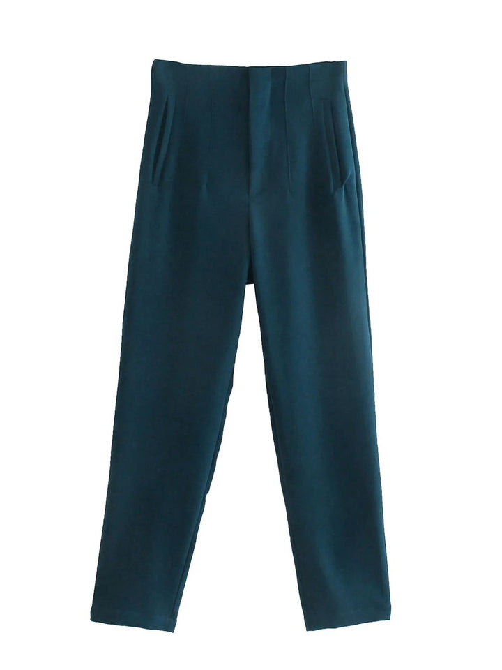 Dunkelgrüne Damenhose, elegant, hohe Taille, Falten, Business-Mode, Stoffhose.