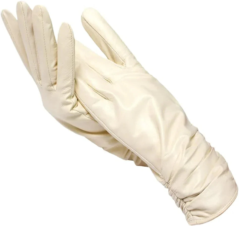 Cremefarbene Lederhandschuhe für Damen, elegant, weich, modisch, Winteraccessoire.
