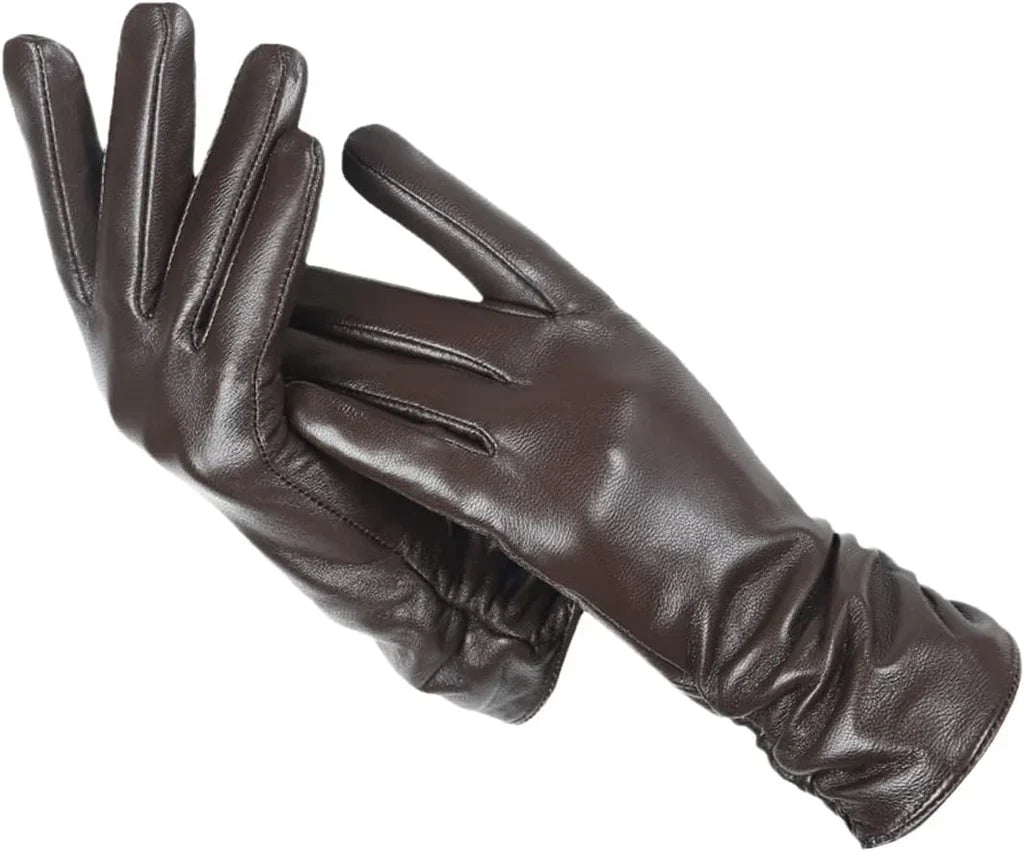 Braune Lederhandschuhe für Damen, elegant, warm, Wintermode, hochwertiges Accessoire.