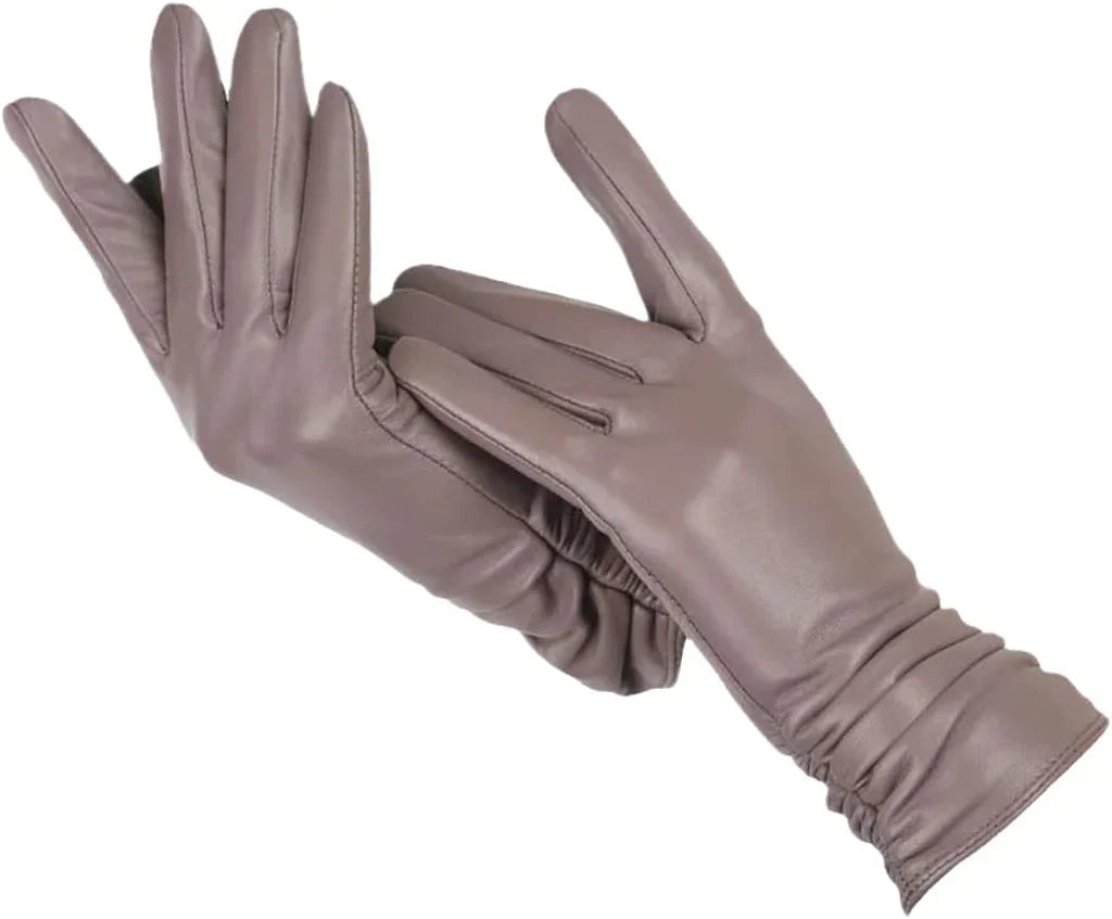 Damenhandschuhe aus braunem Leder, elegant, warm, modisch, Winteraccessoire.