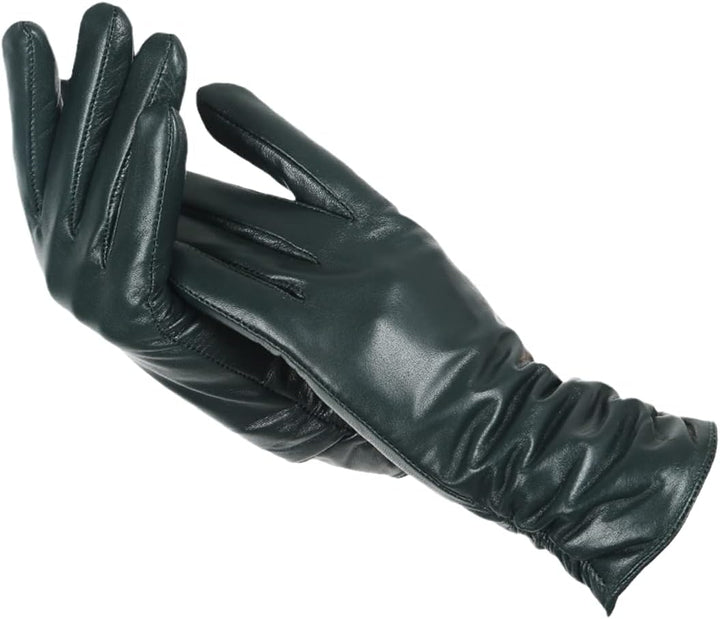 Dunkelgrüne Lederhandschuhe für Damen, elegant, winterfest, modisches Accessoire.