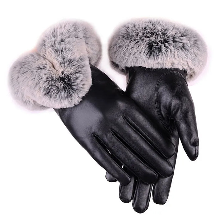 Schwarze Lederhandschuhe mit grauem Kunstpelzbesatz, elegant und warm für den Winter.