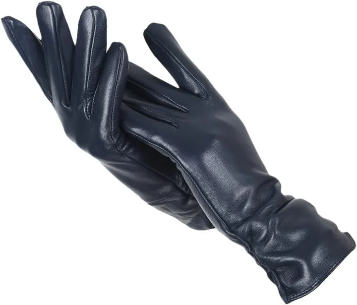 Dunkelblaue Lederhandschuhe für Damen, elegant, modisch, Winteraccessoire, hochwertig.