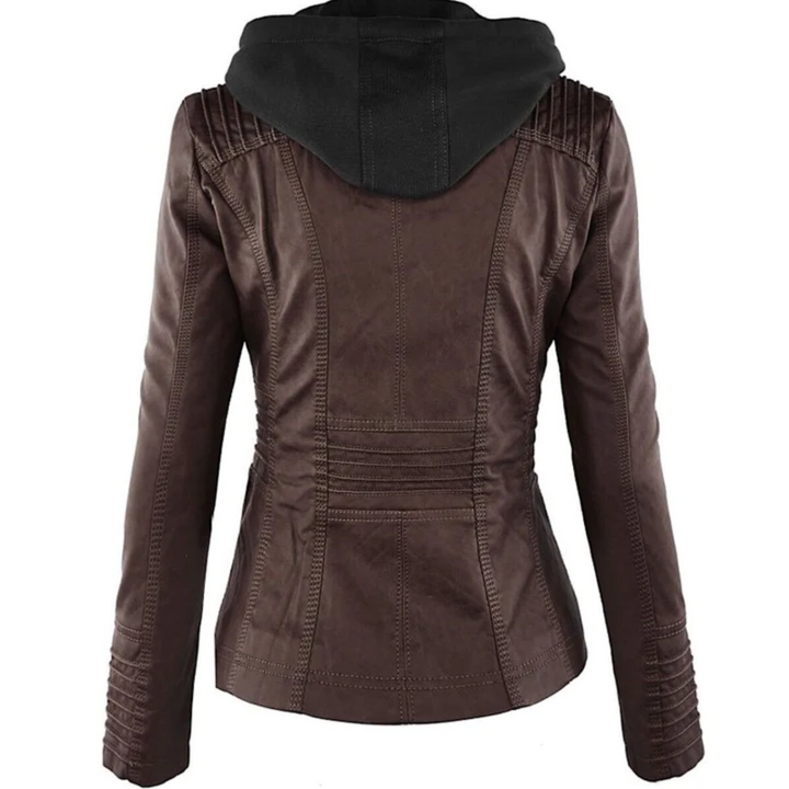 Damen Lederjacke braun mit Kapuze, stilvoll, modisch, Herbstmode, hochwertige Materialien.