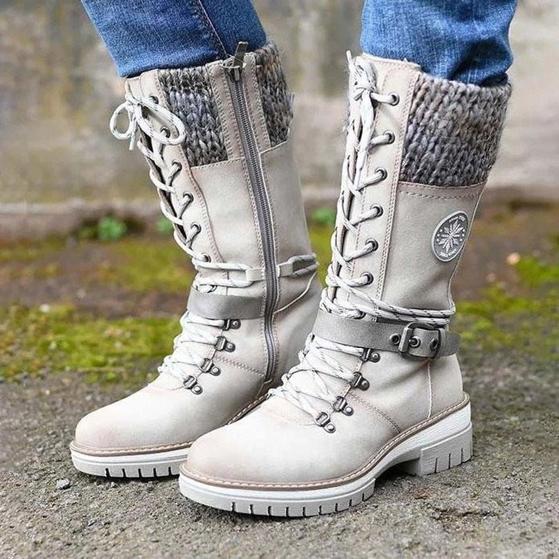 Damenstiefel beige, rutschfeste Sohle, Schnürung, Reißverschluss, Winterstiefel, bequem.