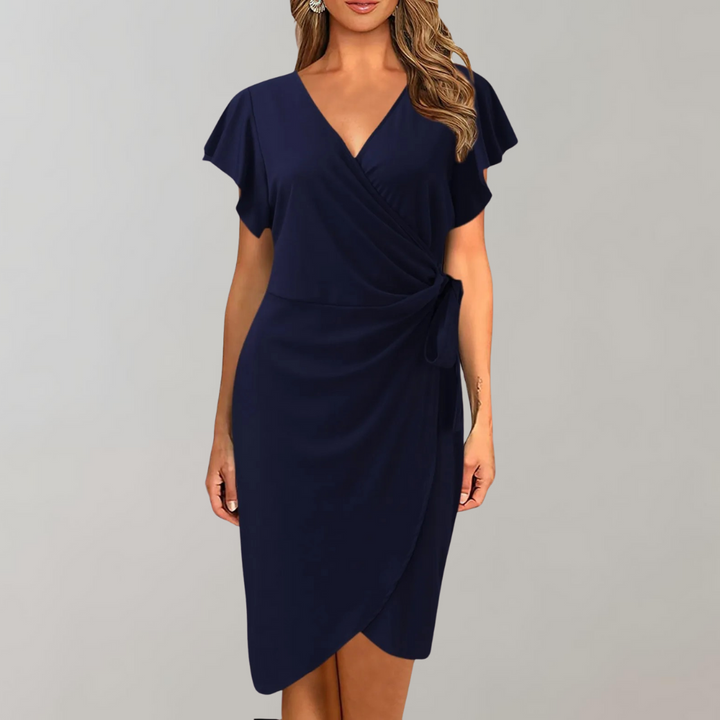 Damen Sommerkleid, dunkelblau, V-Ausschnitt, Wickeloptik, kurzärmelig, elegant.