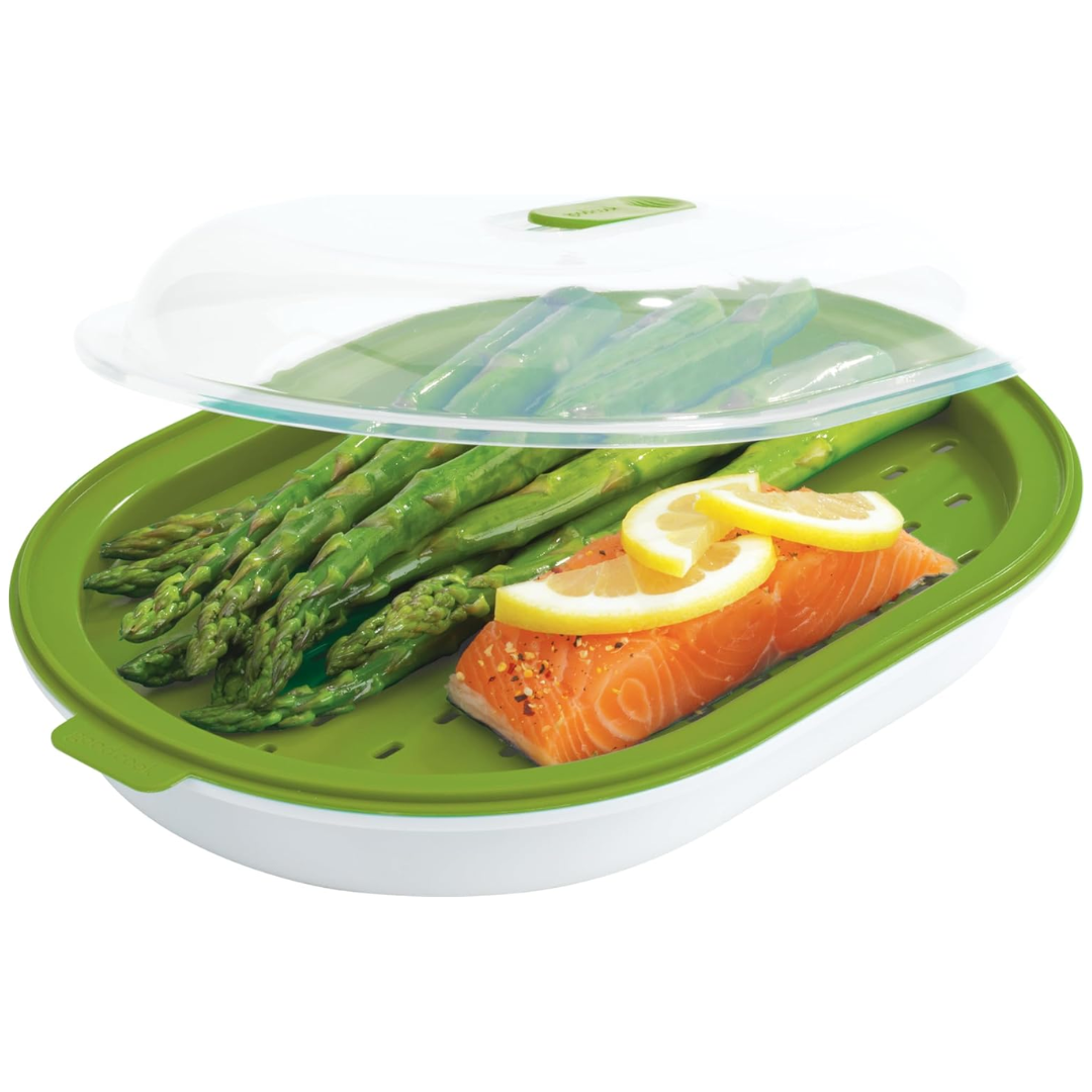 Grüner Dampfgarer mit Lachs und Spargel, BPA-frei, Mikrowellengeeignet, Kunststoff.