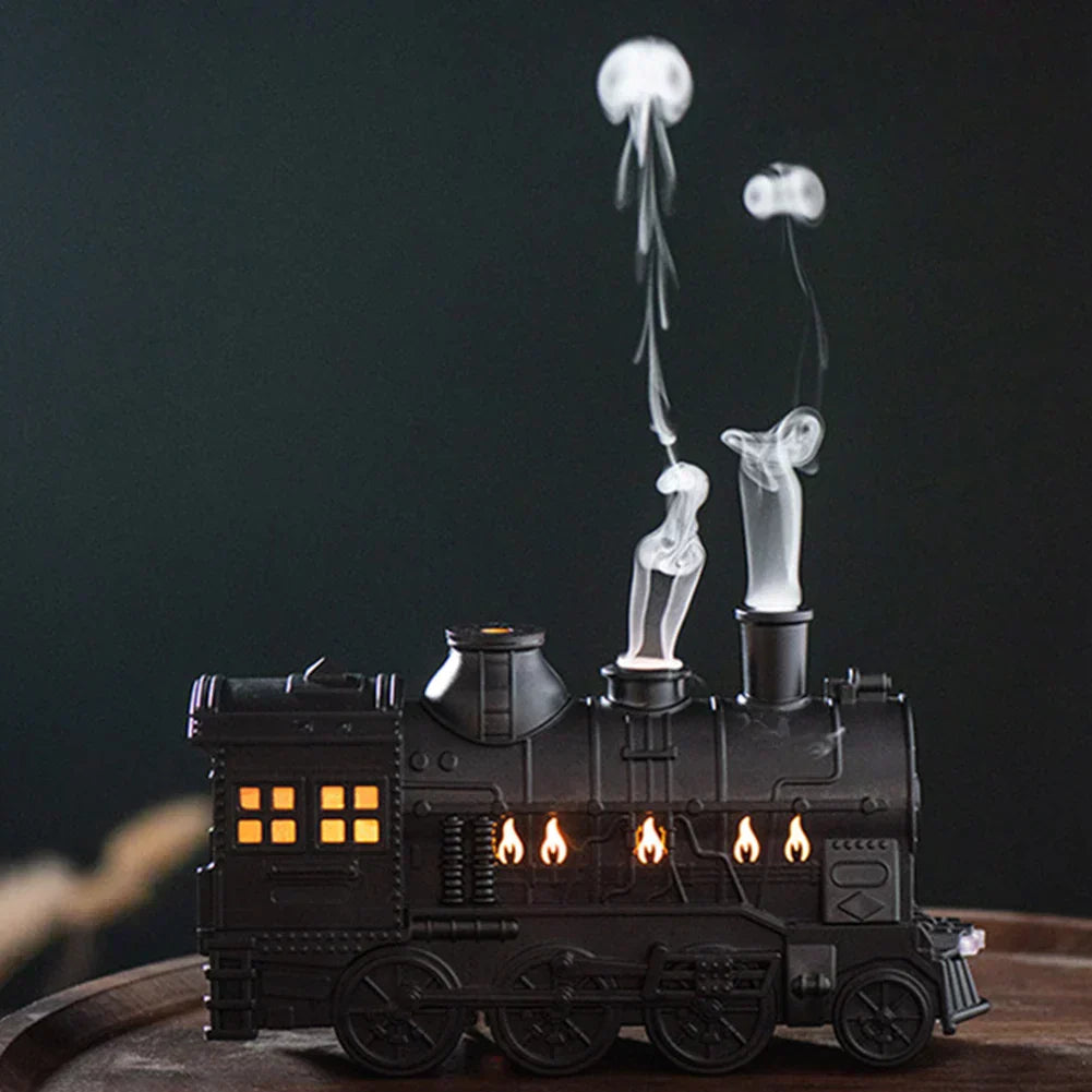 Schwarzer Zug-Luftbefeuchter mit LED-Licht und Dampfauslass, dekorativ, nostalgisch.
