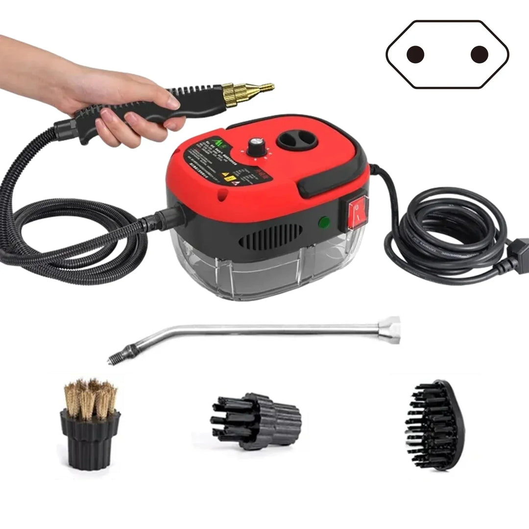 Roter tragbarer Dampfreiniger mit Zubehör, ideal für Auto- und Haushaltsreinigung.