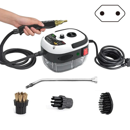 Dampfreiniger mit Zubehör, schwarz-weiß, tragbar, für Haushaltsreinigung, vielseitig einsetzbar.