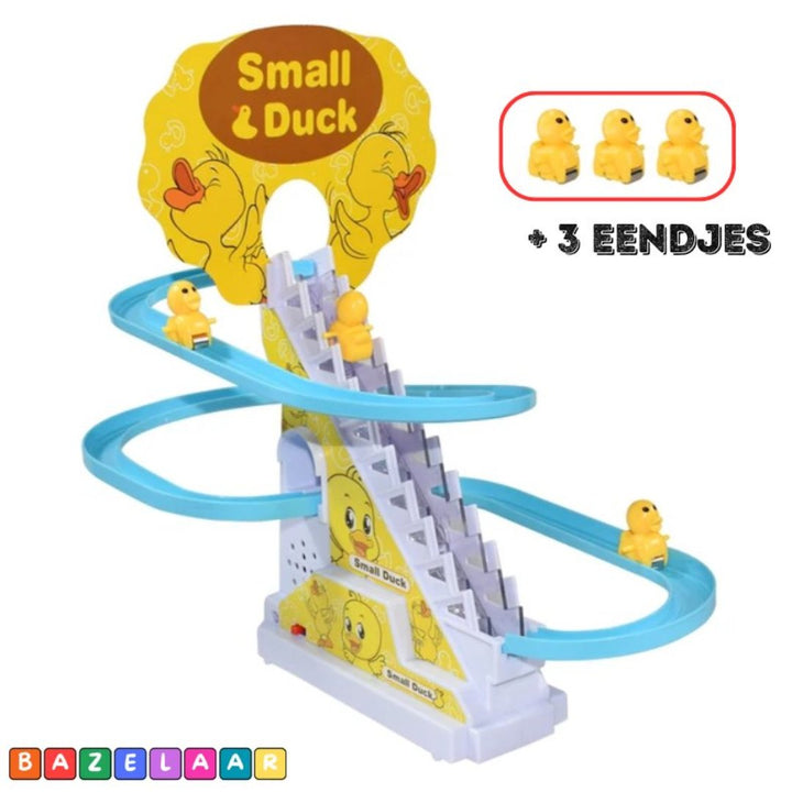 Spielzeug-Entenrutsche mit blauen Bahnen und gelben Enten, Kinder-Spielset.