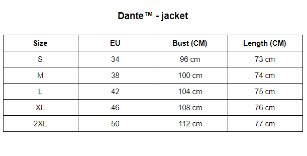 Größentabelle für Dante™-Jacke, EU-Größen, Brust- und Längenmaße in cm.