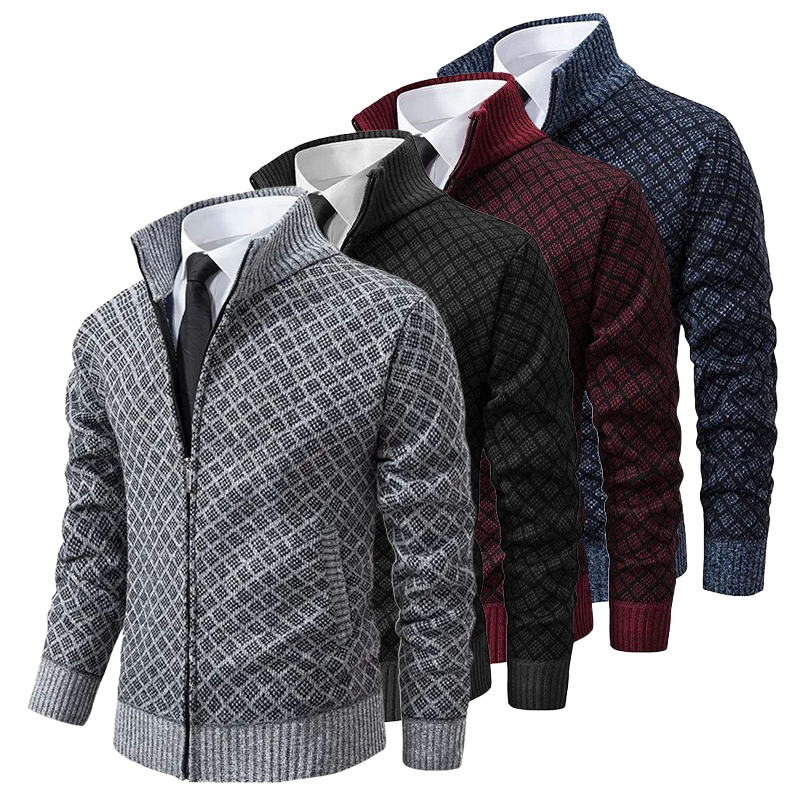 Herren Strickjacke mit Reißverschluss, kariert, in Grau, Schwarz, Rot, Blau, elegant, warm.