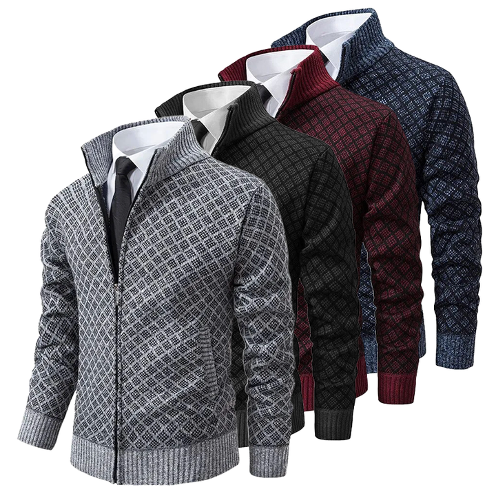 Herren Strickjacke mit Reißverschluss, kariert, in Grau, Schwarz, Rot, Blau, elegant, warm.