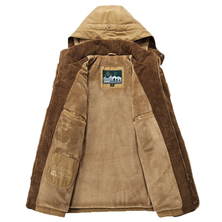 Braune Herren-Daunenjacke mit Kapuze, Wintermantel, warm, modisch, aus Entendaunen.