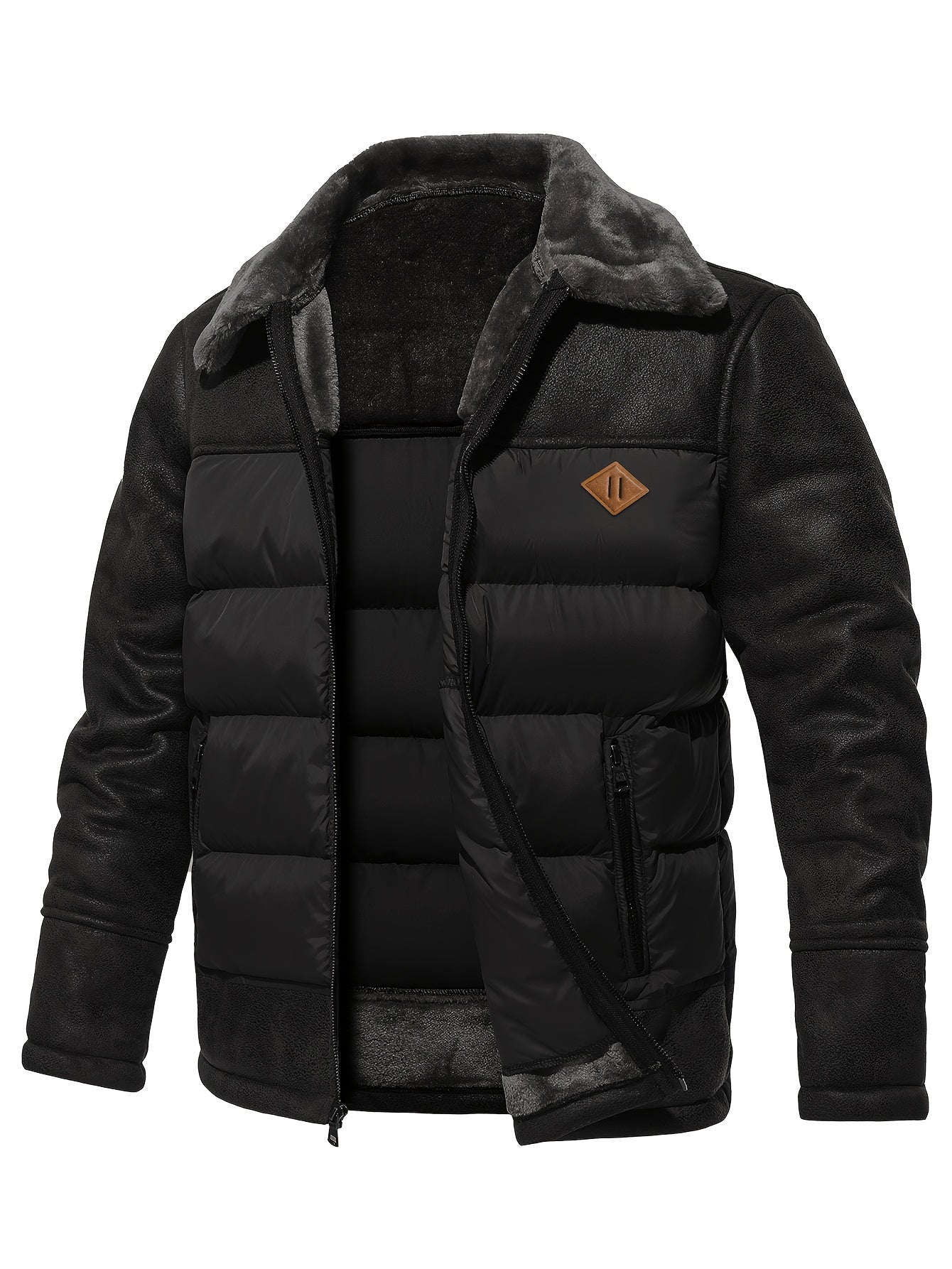 Schwarze Herrenjacke mit Kunstfellkragen, gesteppte Vorderseite, Wintermode, warm, stylisch.