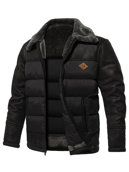 Schwarze Herrenjacke mit Kunstfellkragen, gesteppte Vorderseite, Wintermode, warm, stylisch.