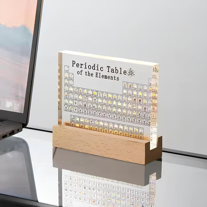 Acryl-Periodensystem mit Holzständer, dekorative Tischlampe, modernes Design, Geschenkidee