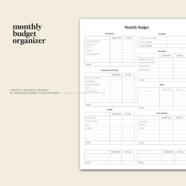 Monatlicher Budgetplaner Vorlage, weiß, strukturiert, für Finanzplanung und Ausgabenübersicht.