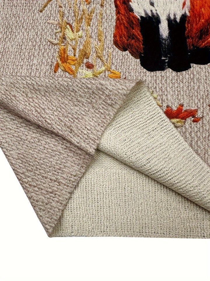 Beige Strickdecke mit Fuchs-Motiv, weiches Material, Herbstdesign, gemütliche Wohntextilien.