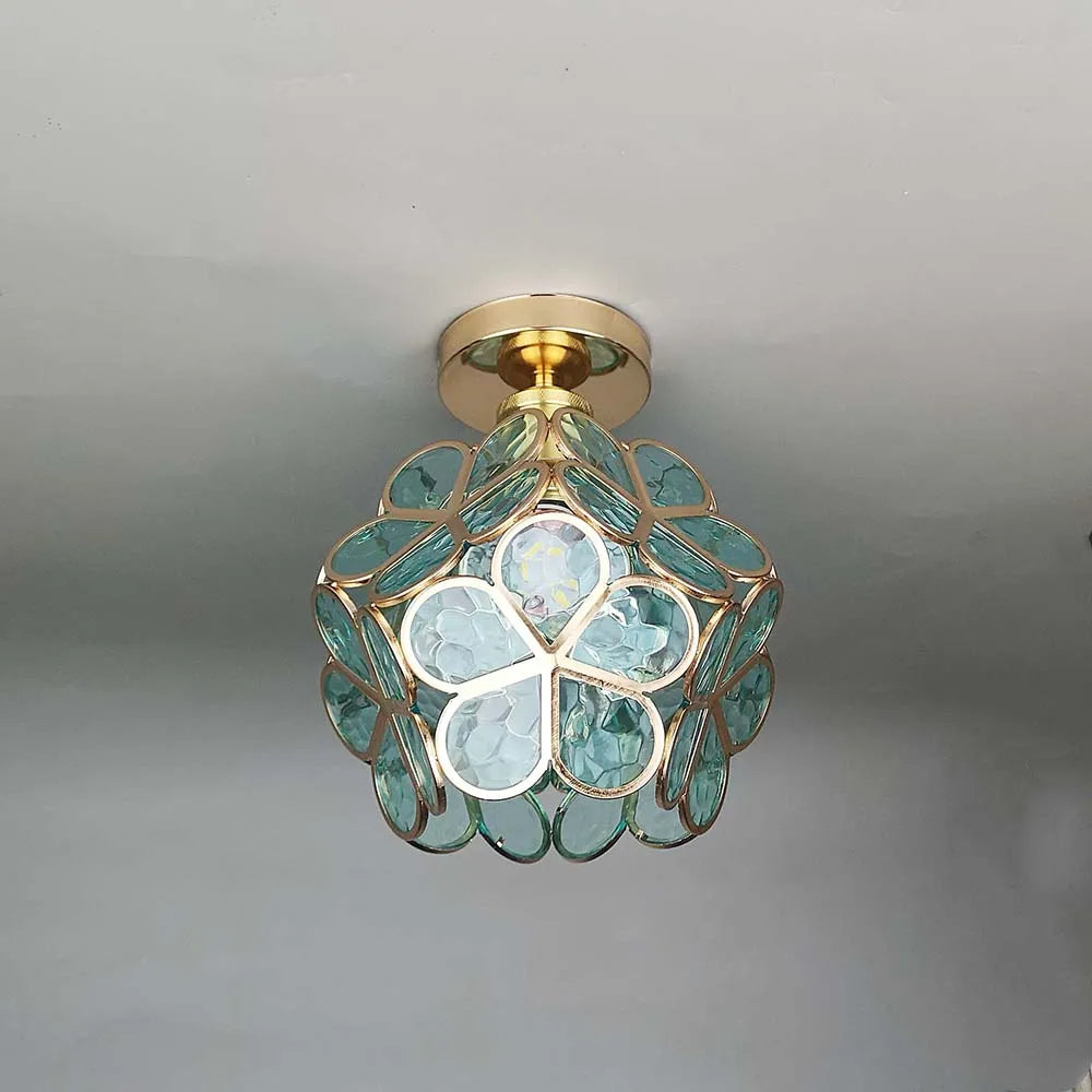 Deckenleuchte aus Glas, goldene Fassung, modernes Design, grün, Wohnzimmerbeleuchtung.