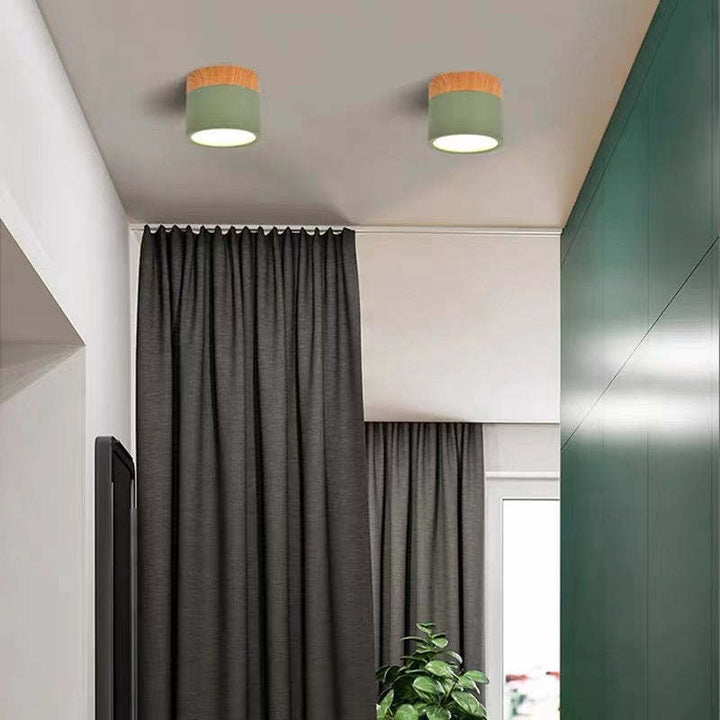 Moderne grüne Deckenleuchte aus Metall im Wohnzimmer, minimalistisch, energiesparend.