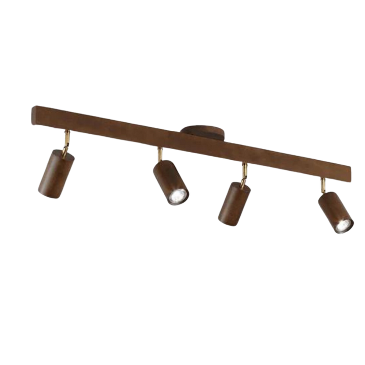 Braune Deckenleuchte mit vier verstellbaren Spots, modernes Design, Holzoptik.