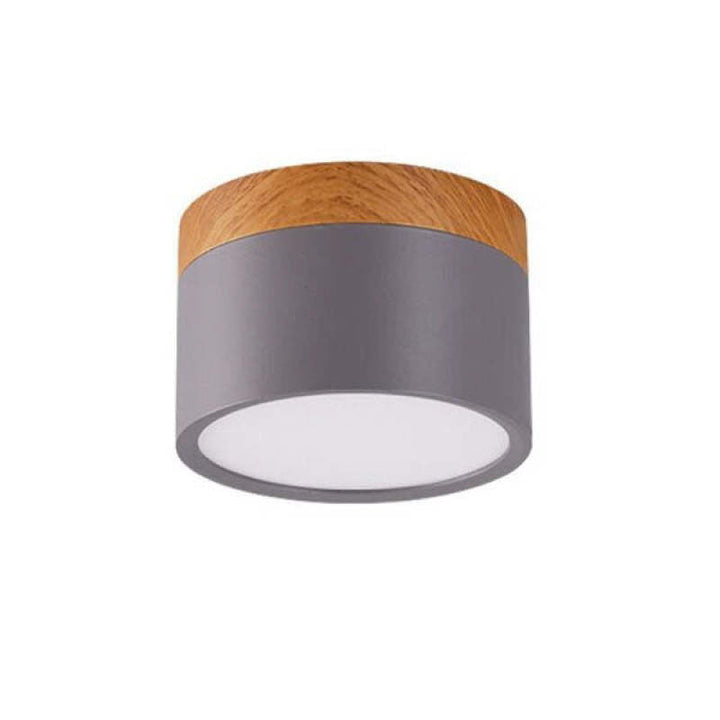 Moderne Deckenleuchte, grau mit Holz, LED, rund, minimalistisch, Innenbeleuchtung.