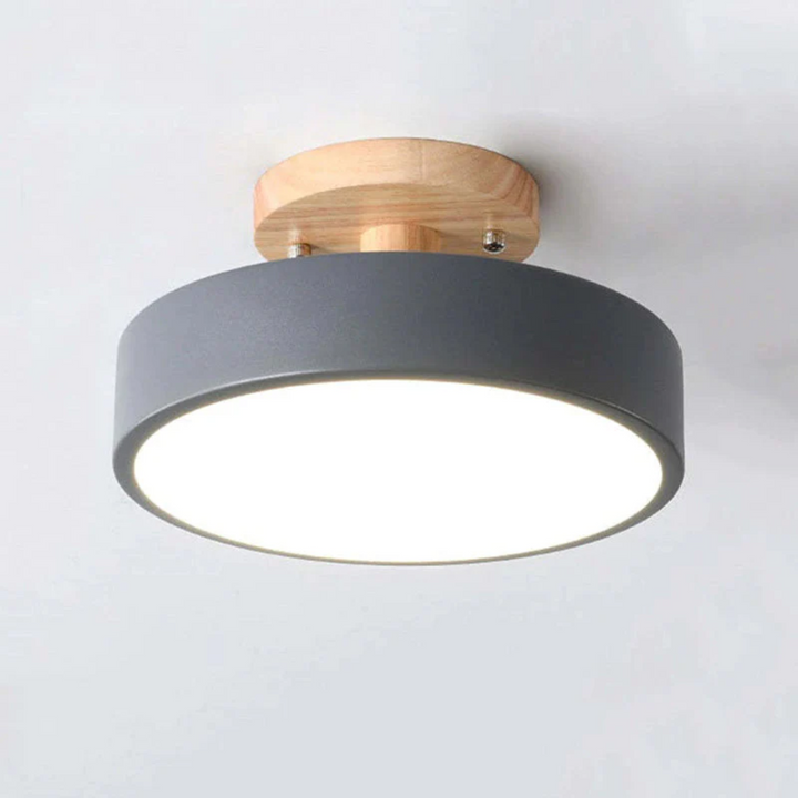 Moderne Deckenleuchte, rund, grau, Holz, LED, energiesparend, für Wohnzimmer oder Büro.