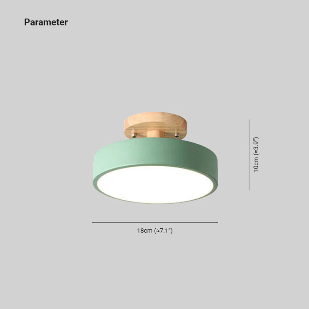 Grüne Deckenleuchte, Holzsockel, 18cm Durchmesser, moderne LED-Lampe, Innenbeleuchtung.