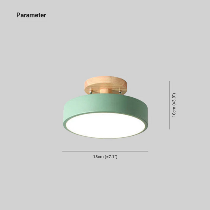 Grüne Deckenleuchte, Holzsockel, 18cm Durchmesser, moderne LED-Lampe, Innenbeleuchtung.