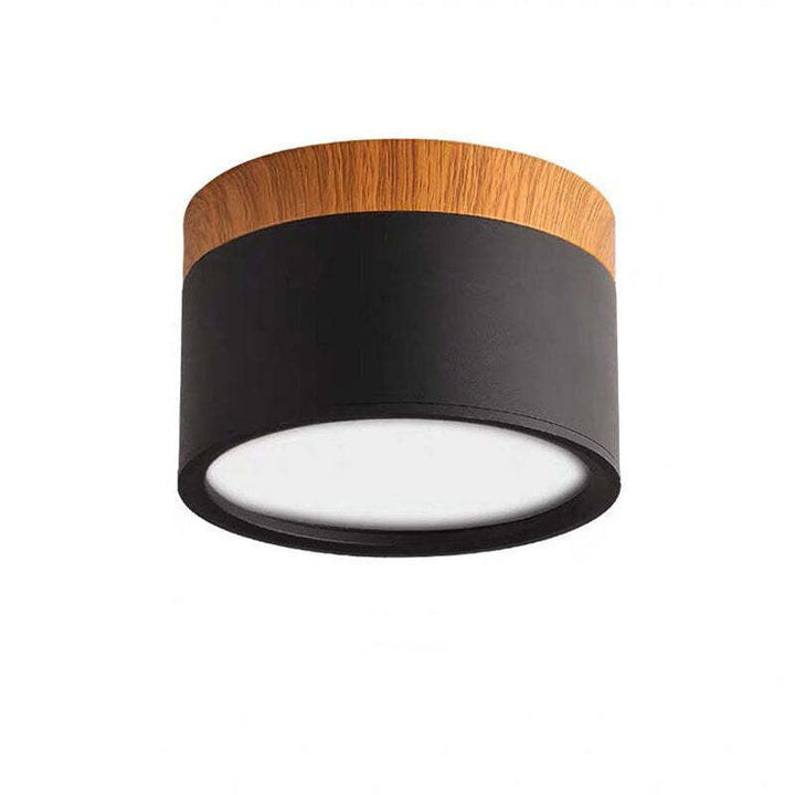 Moderne Deckenleuchte, schwarz und holzfarben, LED, rund, minimalistisches Design.