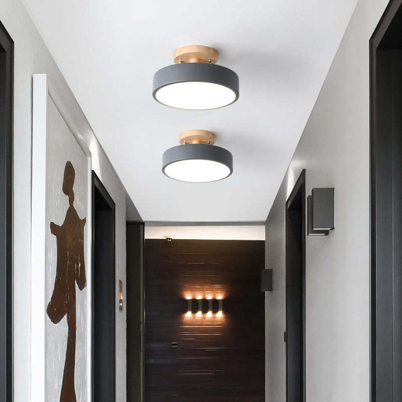 Moderne Deckenleuchte Flur, rund, grau, Holz, LED, minimalistisch, Innenbeleuchtung.