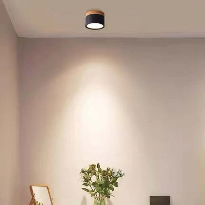 Moderne schwarze Deckenleuchte im Wohnzimmer, minimalistisch, energiesparend, LED-Beleuchtung.