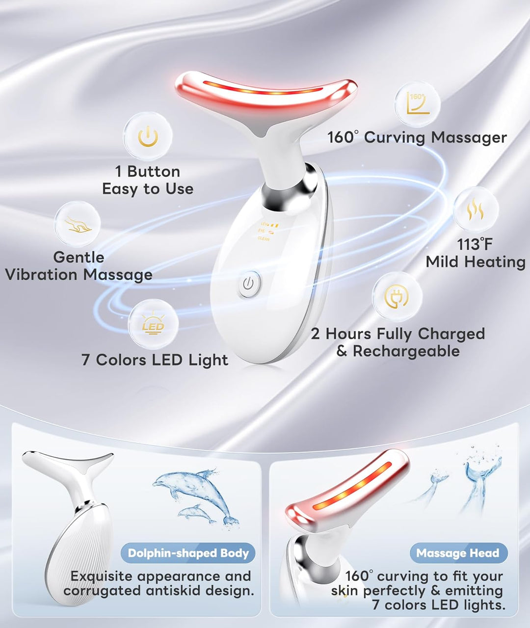 Elektrischer Gesichtsmassager, weiß, LED-Licht, 160°-Kurven, wiederaufladbar, Anti-Aging.