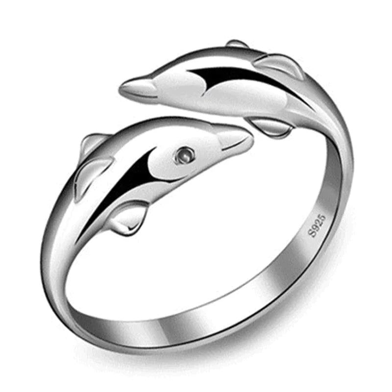 Silberner Delphin-Ring, verstellbar, 925er Sterling Silber, modisches Schmuckdesign.