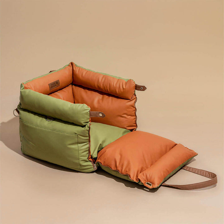 Grünes und oranges Hundesitzkissen aus Kunstleder für Autos, faltbar, Deluxe-Design.
