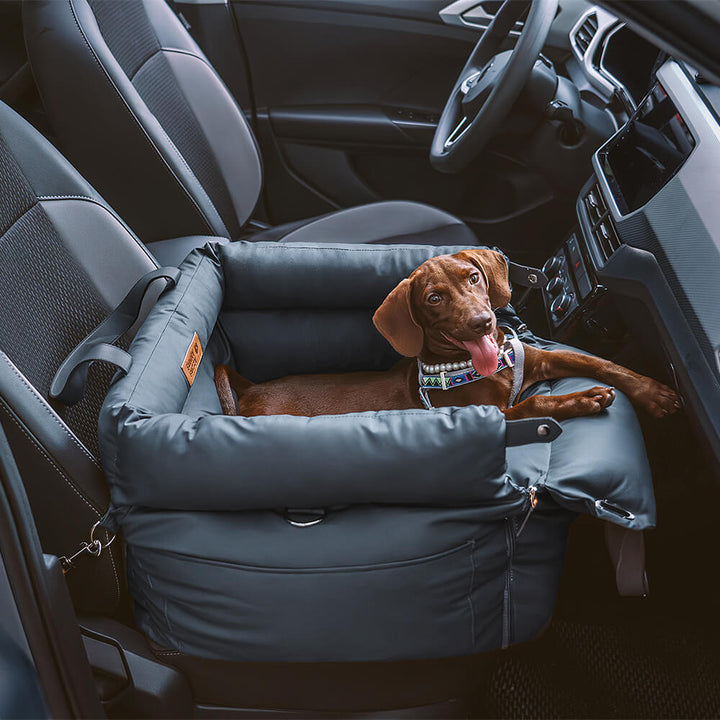 Brauner Hund in Deluxe Kunstleder-Autositz Hundebett, sicher und bequem im Auto.