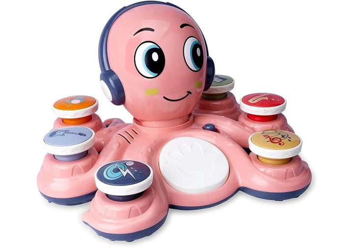 Rosa Oktopus-Musikspielzeug mit Kopfhörern, bunte Tasten, interaktives Lernspielzeug.
