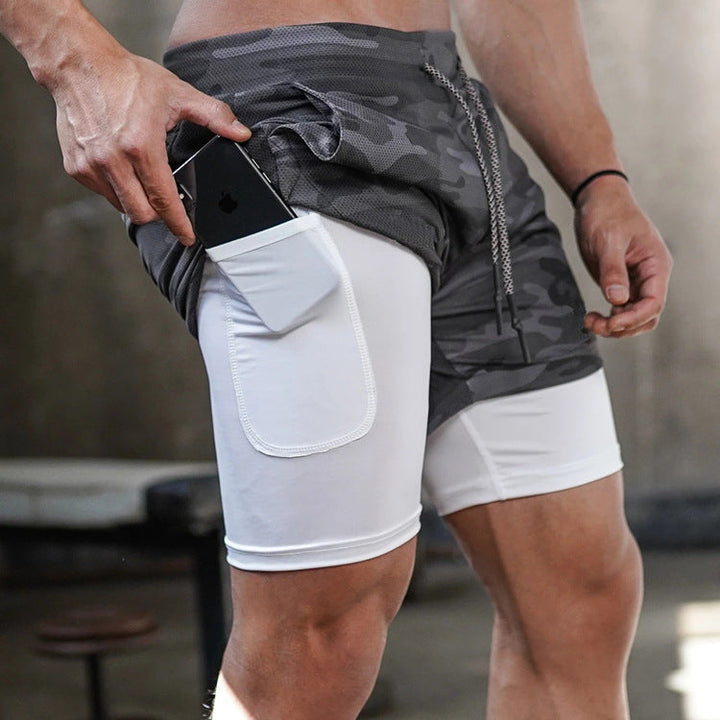 Männer-Trainingsshorts, grau-weiß, Camouflage, mit Handytasche, atmungsaktiv, Fitnessbekleidung.