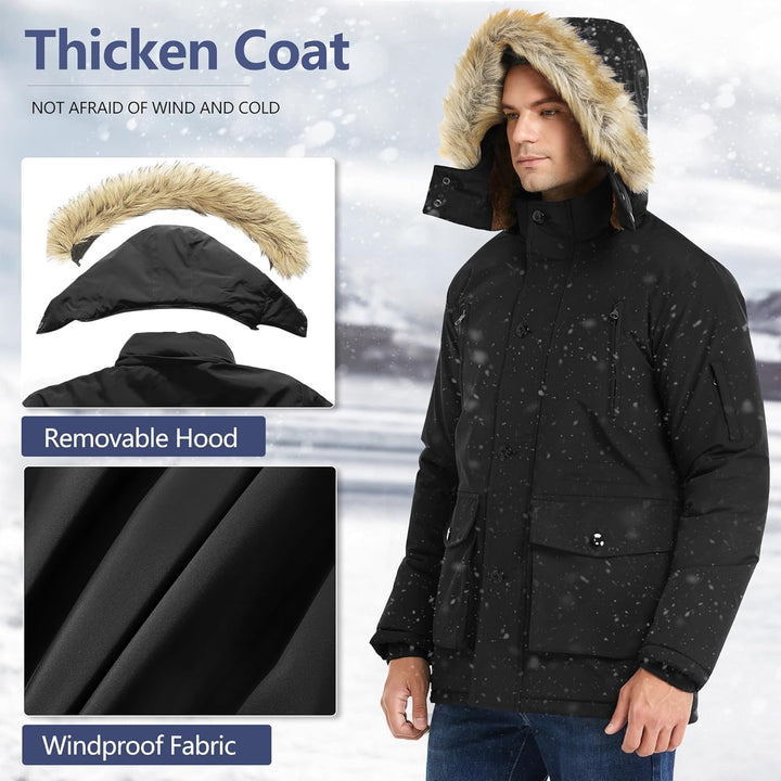 Schwarze Winterjacke mit abnehmbarer Kapuze, winddichtem Stoff, Kunstfellbesatz, Herrenmode.