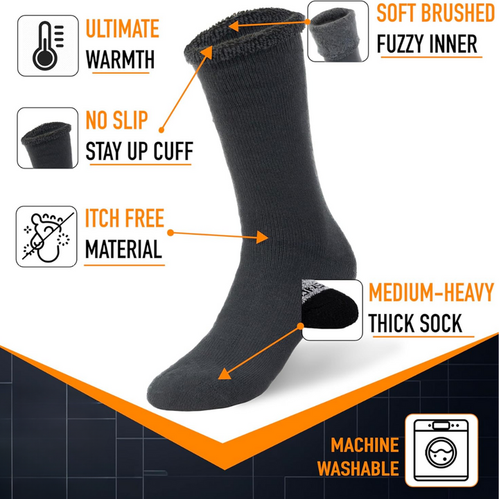 Schwarze Thermosocke, mitteldick, rutschfester Bund, maschinenwaschbar, weiches Innenfutter.