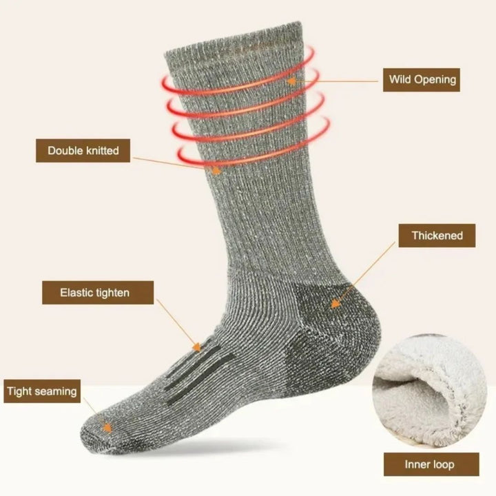 Graue, doppelt gestrickte Socke mit elastischem Bund und enger Naht, ideal für Komfort.