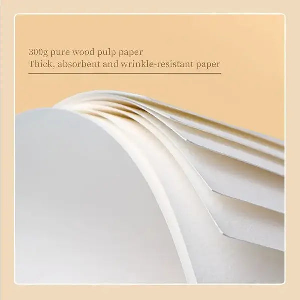 300g reines Holzfaserpapier, dick, saugfähig, knitterfrei, cremeweiß, hochwertig.