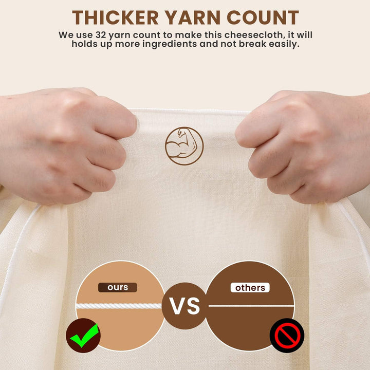 Hände halten dickes Käsetuch, Vergleich von Garnstärken, beige, langlebig, hochwertig.